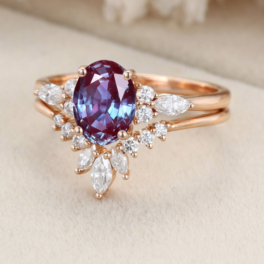 Oval Shaped Alexandrite Engagement Ring Set Vintage Rose Gold Moissanite Marquise ring Art Deco Wedding Set Bridal Anniversary promise ring
