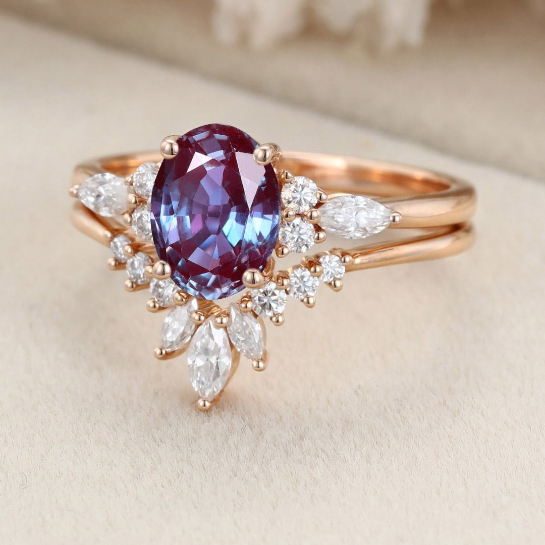 Oval Shaped Alexandrite Engagement Ring Set Vintage Rose Gold Moissanite Marquise ring Art Deco Wedding Set Bridal Anniversary promise ring