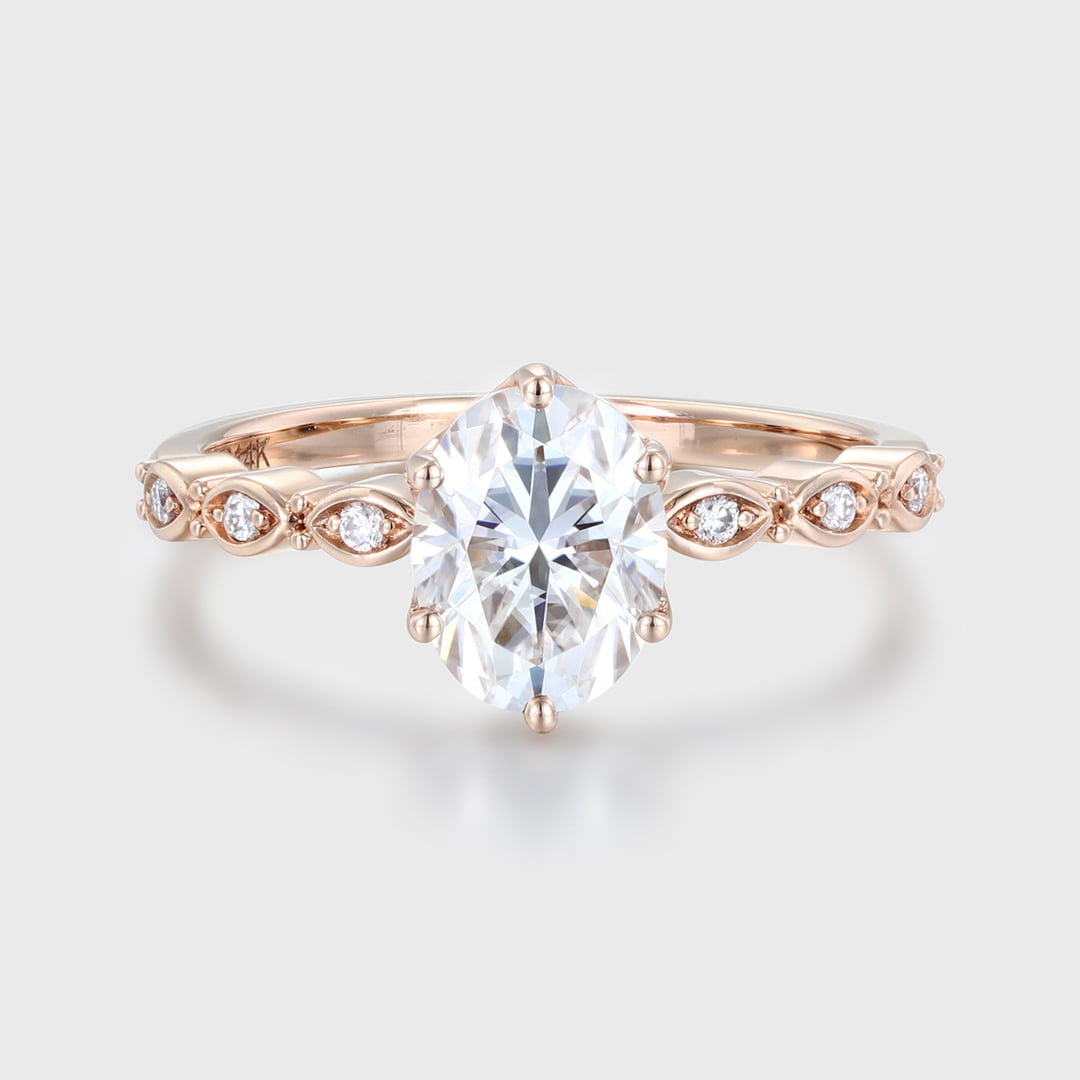 Art deco Vintage 1.5CT Oval Shaped Moissanite Ring In 14K Rose gold
