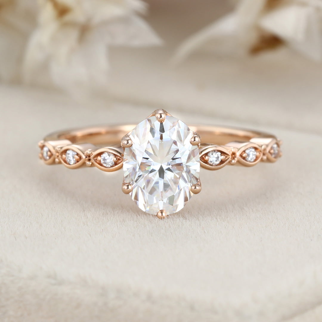 Art deco Vintage 1.5 Carat Oval Shaped Moissanite Ring In 14K Rose gold