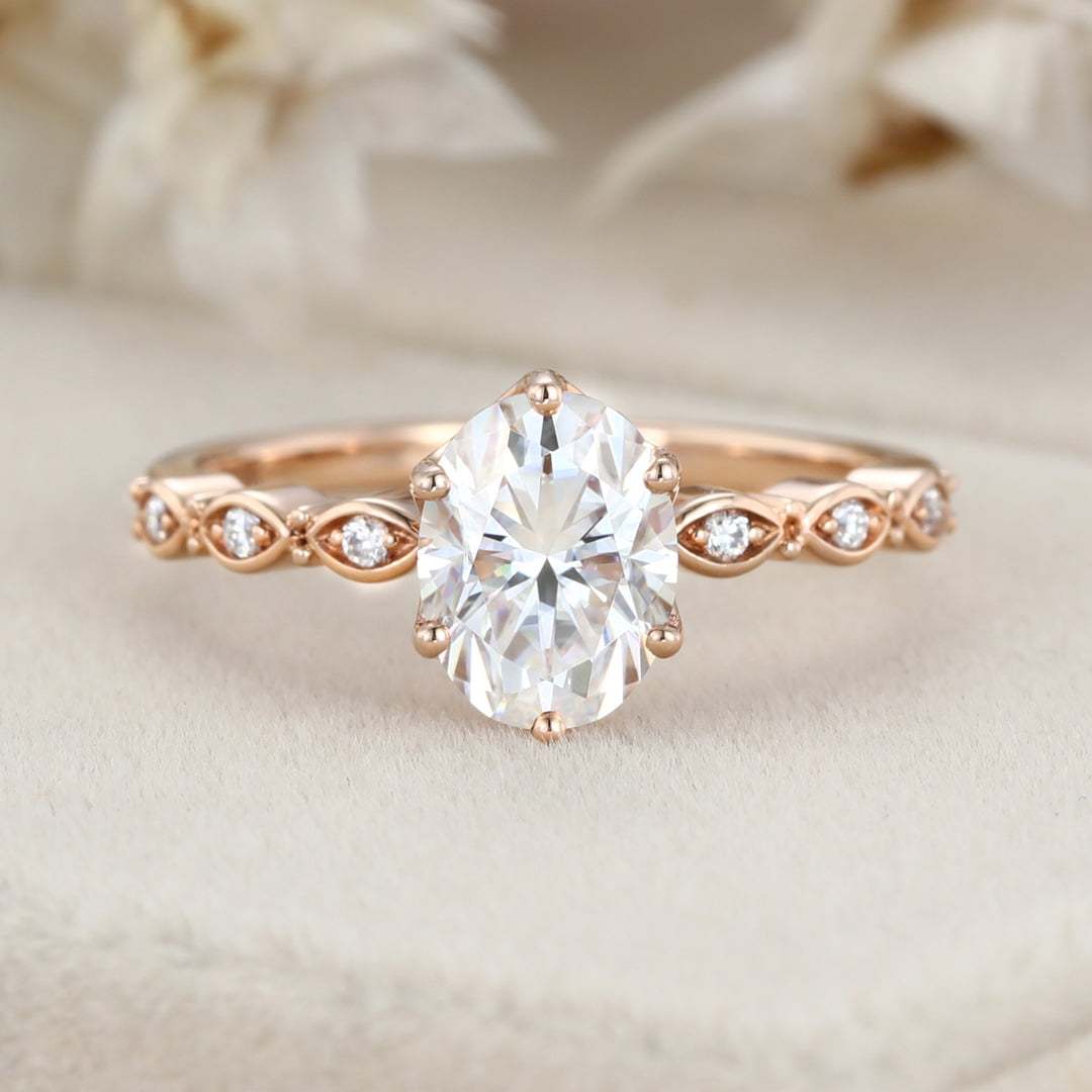 Art deco Vintage 1.5 Carat Oval Shaped Moissanite Ring In 14K Rose gold
