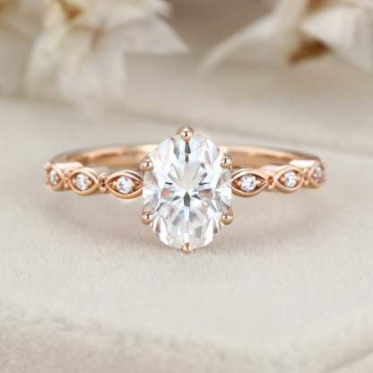 Art deco Vintage 1.5 Carat Oval Shaped Moissanite Ring In 14K Rose gold