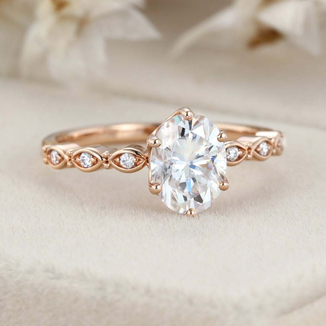 Art deco Vintage 1.5 Carat Oval Shaped Moissanite Ring In 14K Rose gold