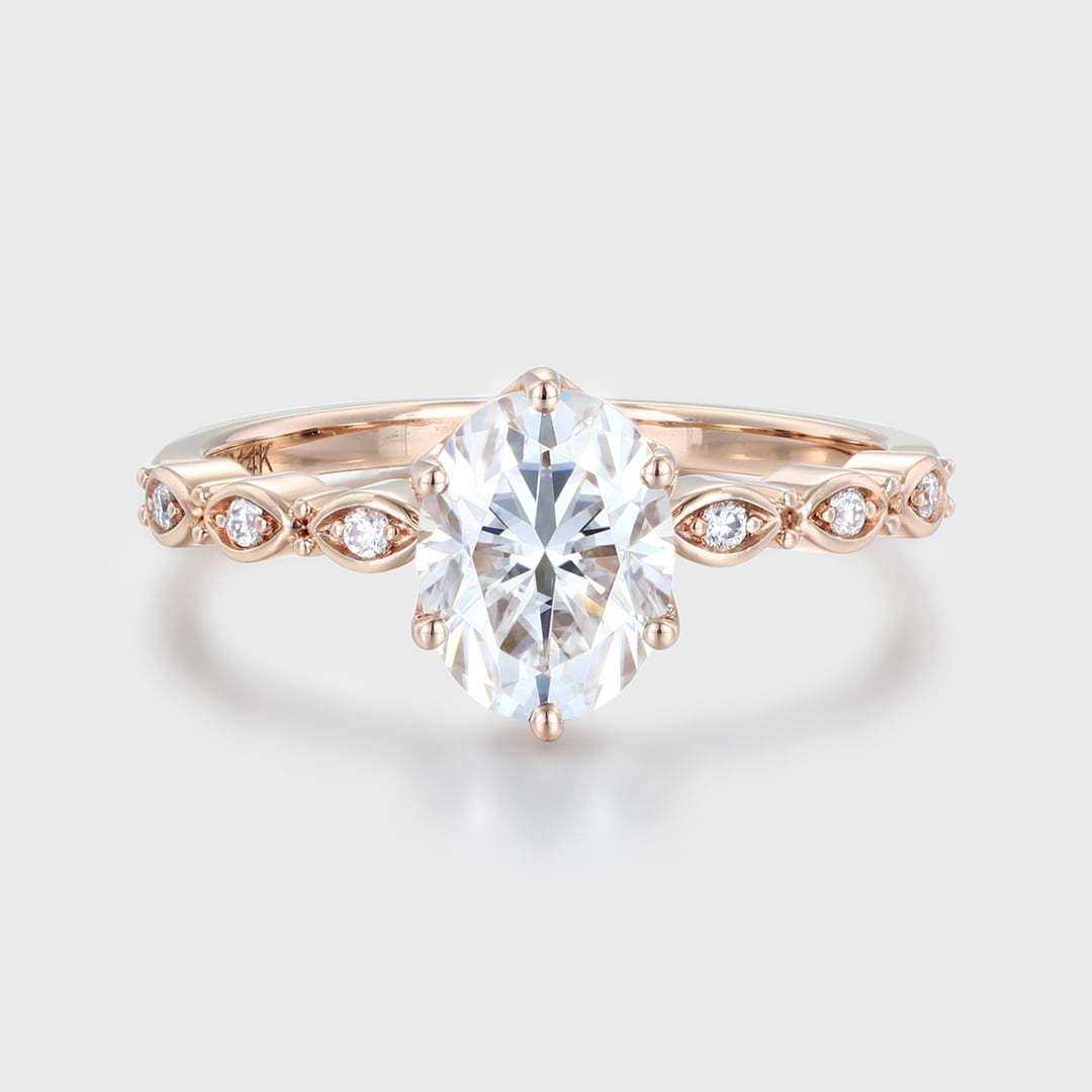 Art deco Vintage 1.5CT Oval Shaped Moissanite Ring In 14K Rose gold