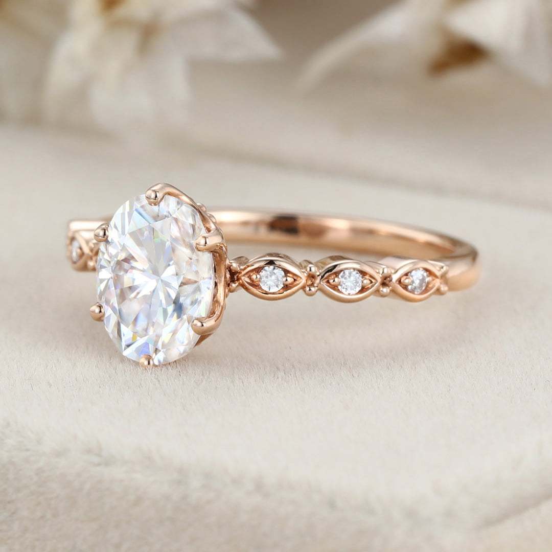 Art deco Vintage 1.5 Carat Oval Shaped Moissanite Ring In 14K Rose gold