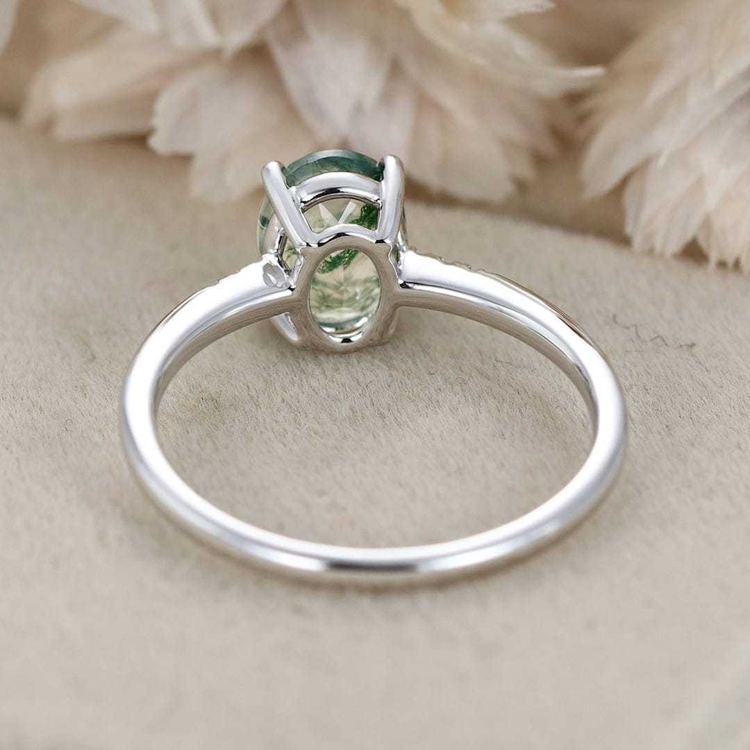 Oval Shaped Natural Moss Agate Engagement Ring 14K White Gold Engagement Ring Unique Diamond Wedding Ring Bridal Gift For Her