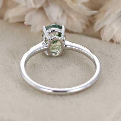 Oval Shaped Natural Moss Agate Engagement Ring 14K White Gold Engagement Ring Unique Diamond Wedding Ring Bridal Gift For Her