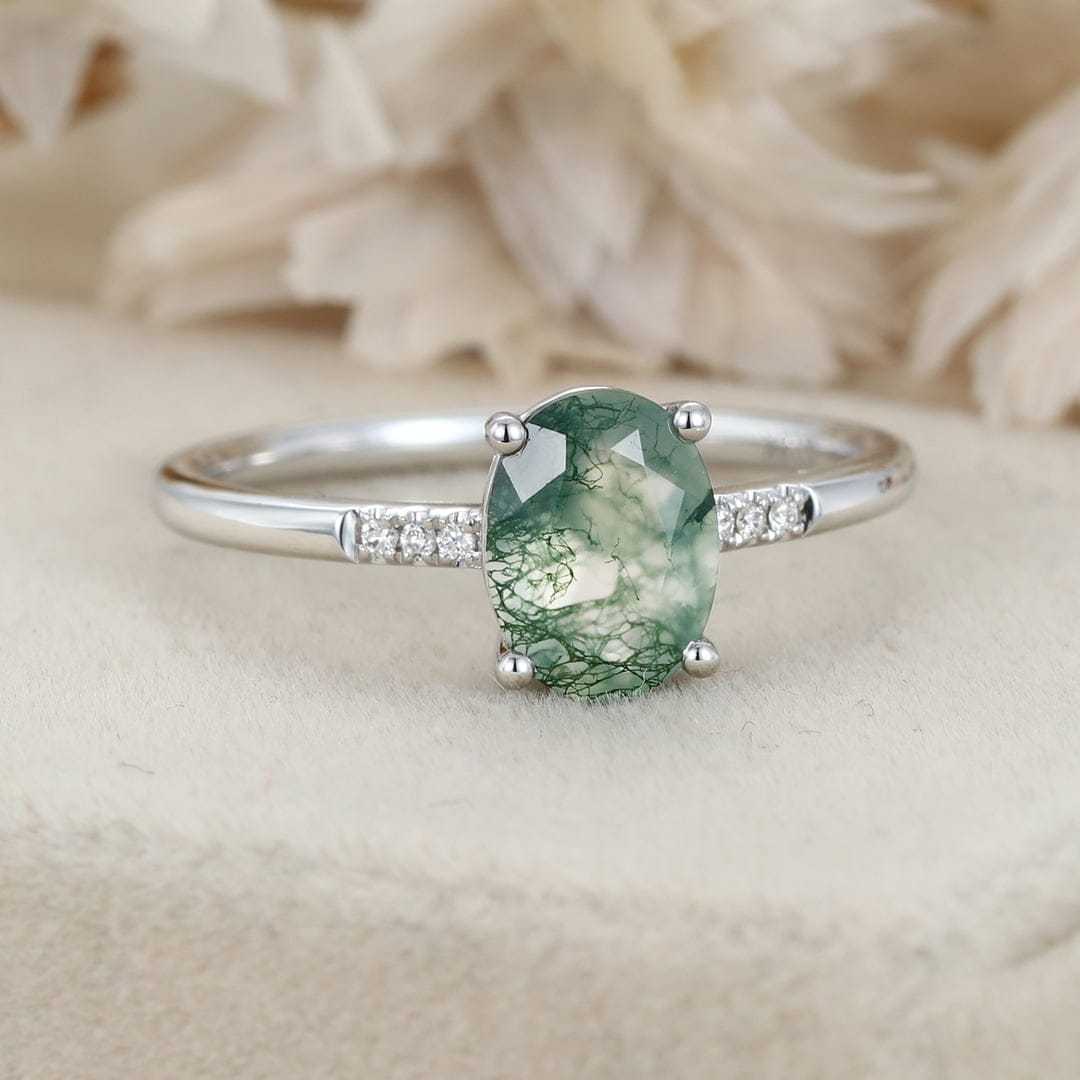 Oval Shaped Natural Moss Agate Engagement Ring 14K White Gold Engagement Ring Unique Diamond Wedding Ring Bridal Gift For Her