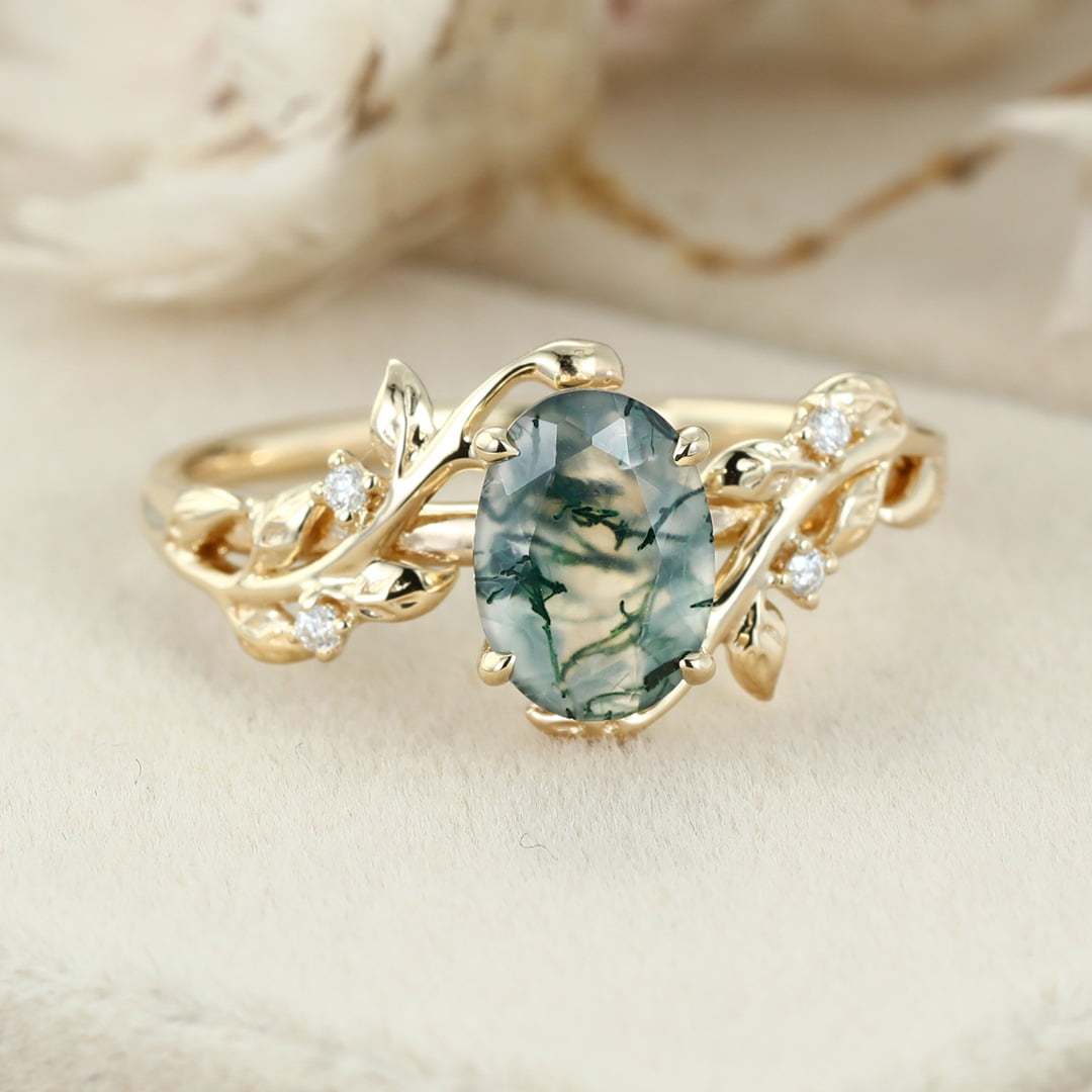 Oval Shaped Natural Moss Agate Engagement Ring Unique Yellow Gold Branch Design Solitaire Ring Vintage Leaf Wedding Ring Anniversary Gift ring