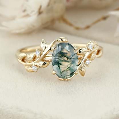 Oval Shaped Natural Moss Agate Engagement Ring Unique Yellow Gold Branch Design Solitaire Ring Vintage Leaf Wedding Ring Anniversary Gift ring