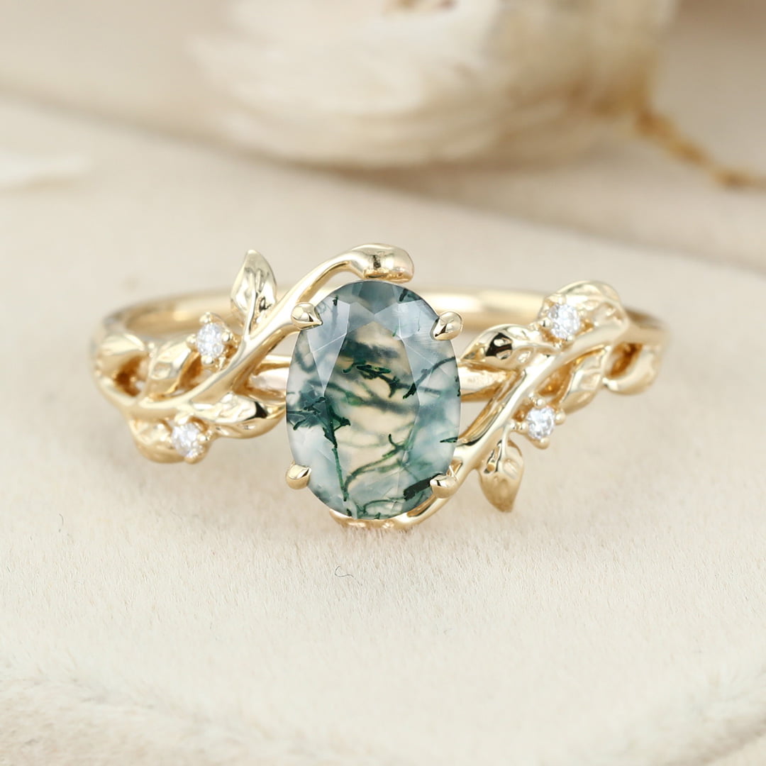 Oval Shaped Natural Moss Agate Engagement Ring Unique Yellow Gold Branch Design Solitaire Ring Vintage Leaf Wedding Ring Anniversary Gift ring