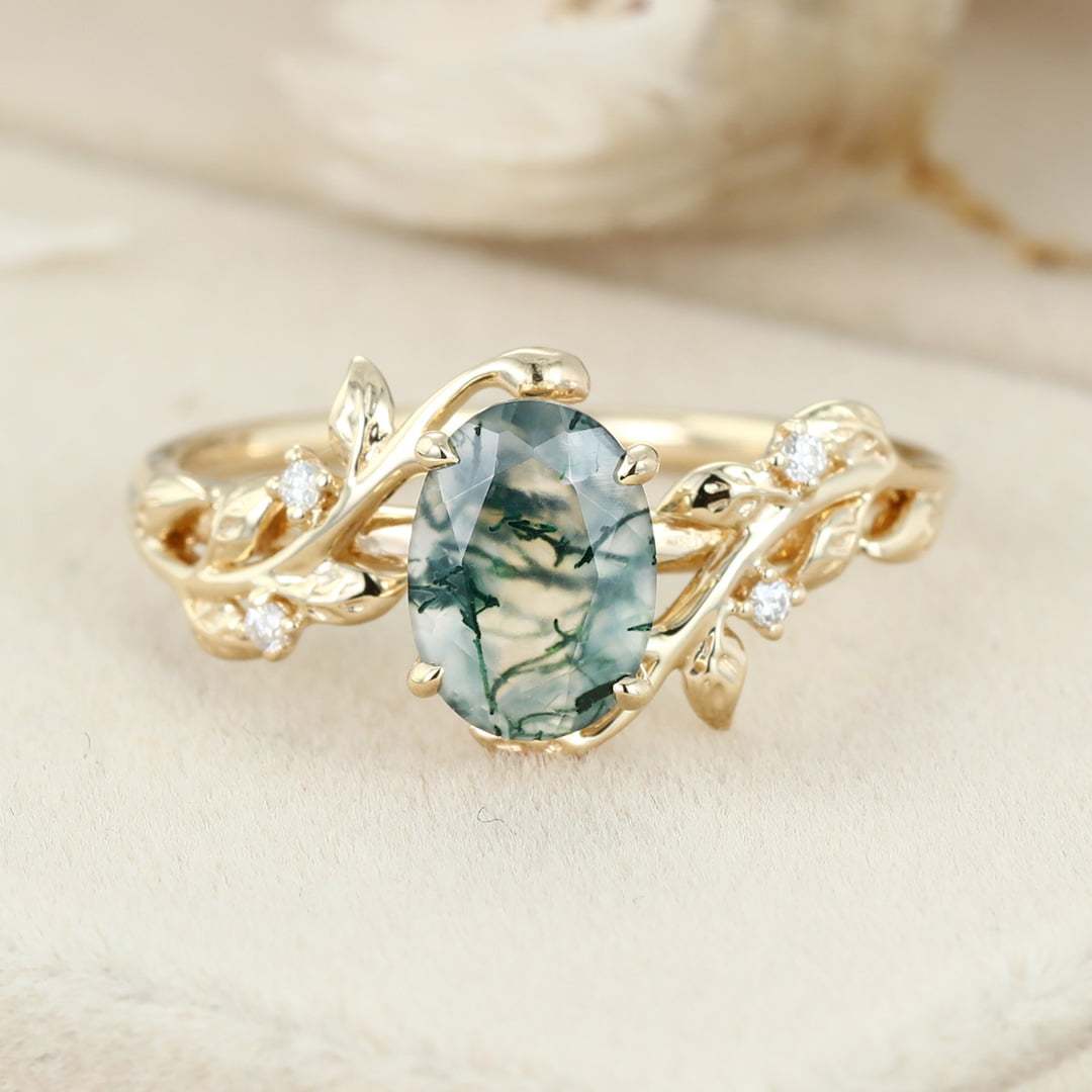 Oval Shaped Natural Moss Agate Engagement Ring Unique Yellow Gold Branch Design Solitaire Ring Vintage Leaf Wedding Ring Anniversary Gift ring