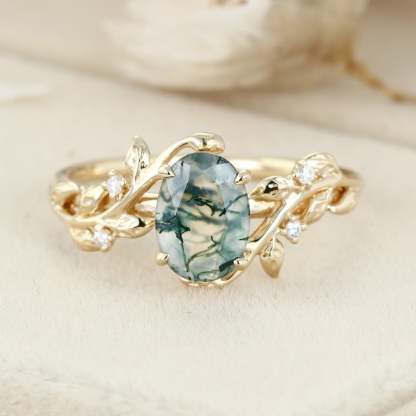 Oval Shaped Natural Moss Agate Engagement Ring Unique Yellow Gold Branch Design Solitaire Ring Vintage Leaf Wedding Ring Anniversary Gift ring