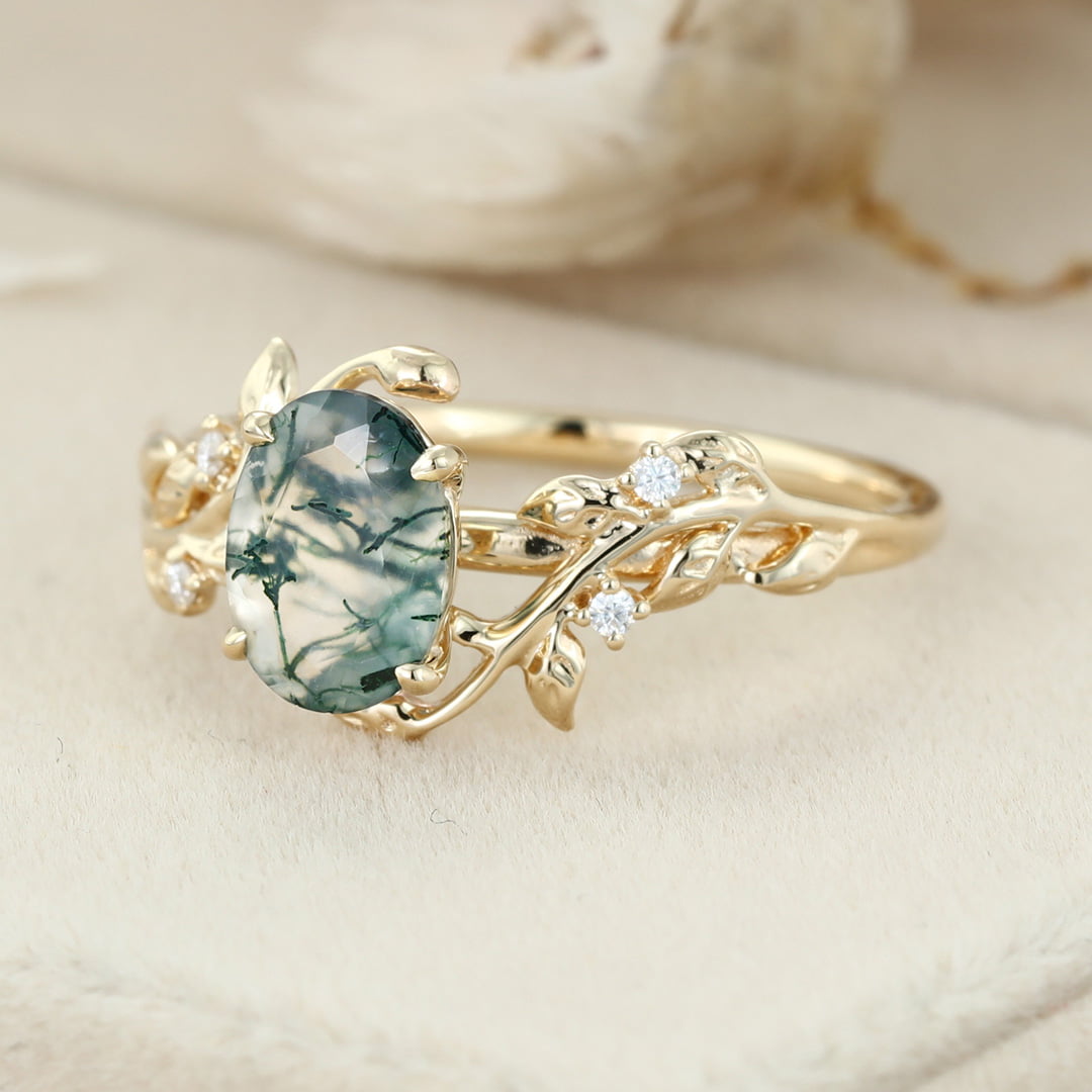 Oval Shaped Natural Moss Agate Engagement Ring Unique Yellow Gold Branch Design Solitaire Ring Vintage Leaf Wedding Ring Anniversary Gift ring