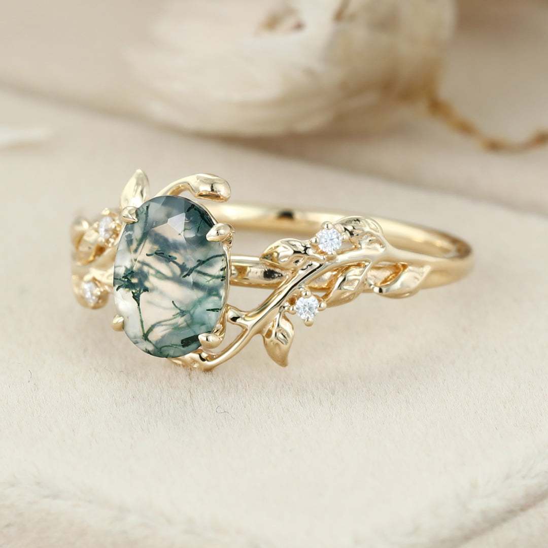 Oval Shaped Natural Moss Agate Engagement Ring Unique Yellow Gold Branch Design Solitaire Ring Vintage Leaf Wedding Ring Anniversary Gift ring