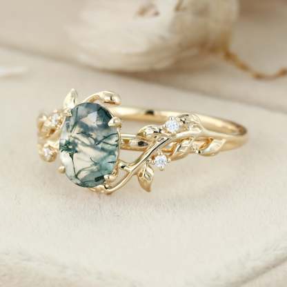 Oval Shaped Natural Moss Agate Engagement Ring Unique Yellow Gold Branch Design Solitaire Ring Vintage Leaf Wedding Ring Anniversary Gift ring