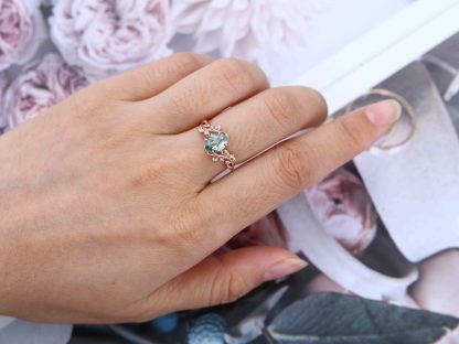 Oval Shaped Natural Moss Agate Engagement Ring Vintage Rose Gold Branch Design Solitaire Ring Unique Leaf Wedding Ring Anniversary Gift ring
