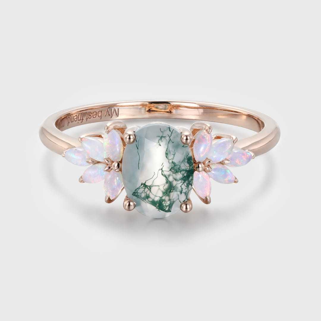 Oval Shaped Natural Moss Agate Engagement Ring Vintage Rose Gold Cluster Ring Marquise Opal Wedding Bridal Promise Gift For Her