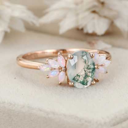 Oval Shaped Natural Moss Agate Engagement Ring Vintage Rose Gold Cluster Ring Marquise Opal Wedding Bridal Promise Gift For Her