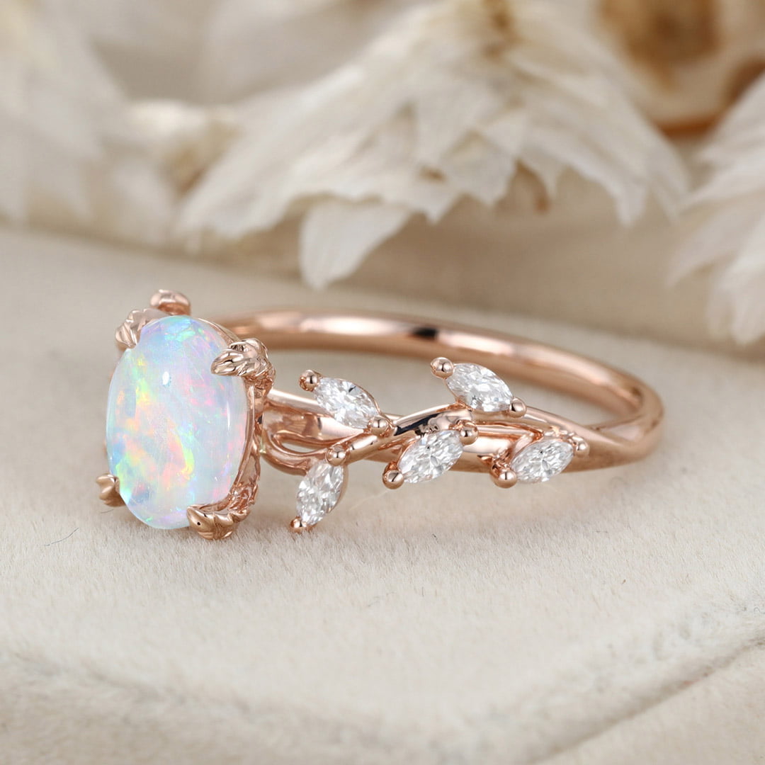 Oval Shaped Opal Engagement Ring Branch Marquise Moissanite Cluster Ring 14K Rose Gold Ring