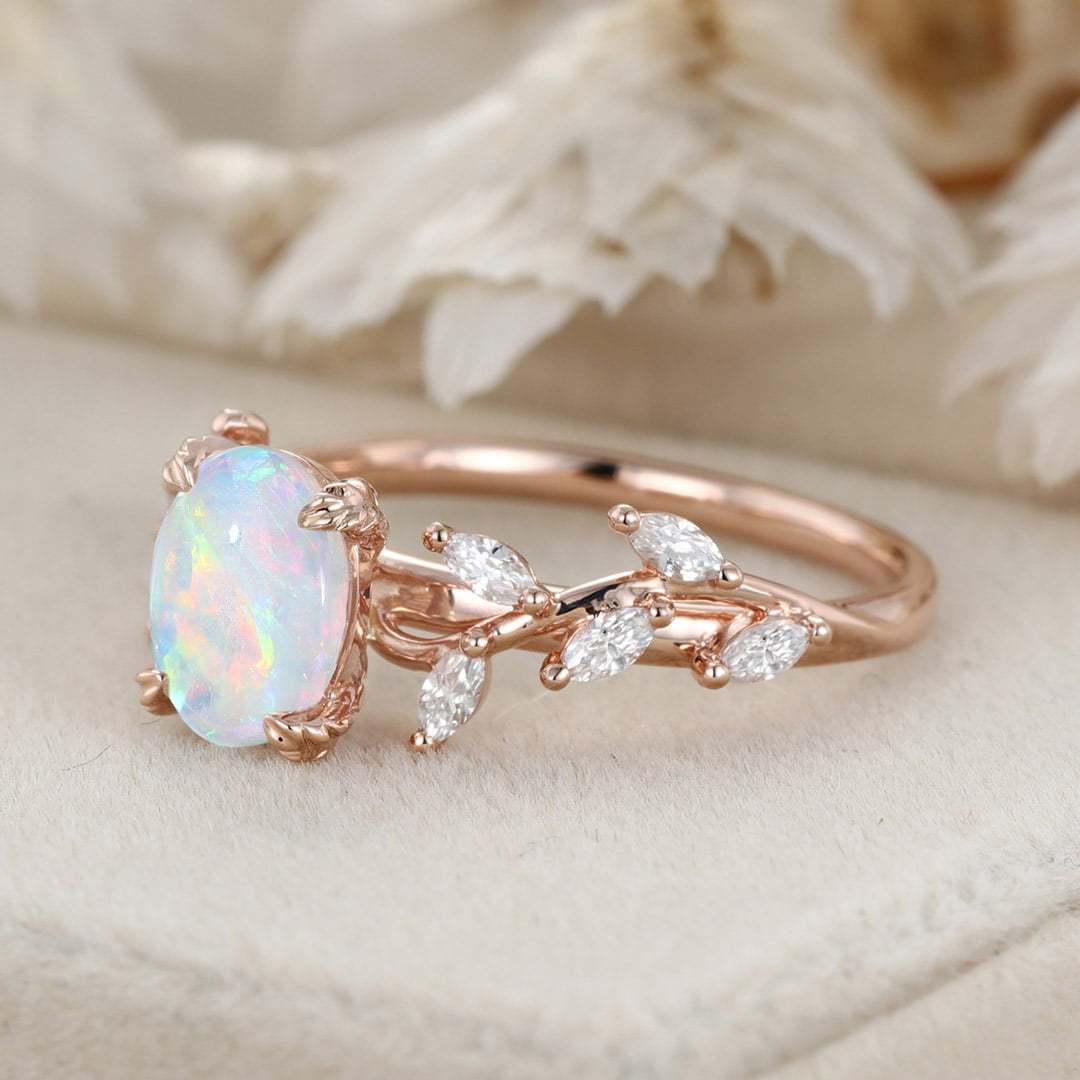Oval Shaped Opal Engagement Ring Branch Marquise Moissanite Cluster Ring 14K Rose Gold Ring