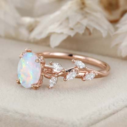 Oval Shaped Opal Engagement Ring Branch Marquise Moissanite Cluster Ring 14K Rose Gold Ring