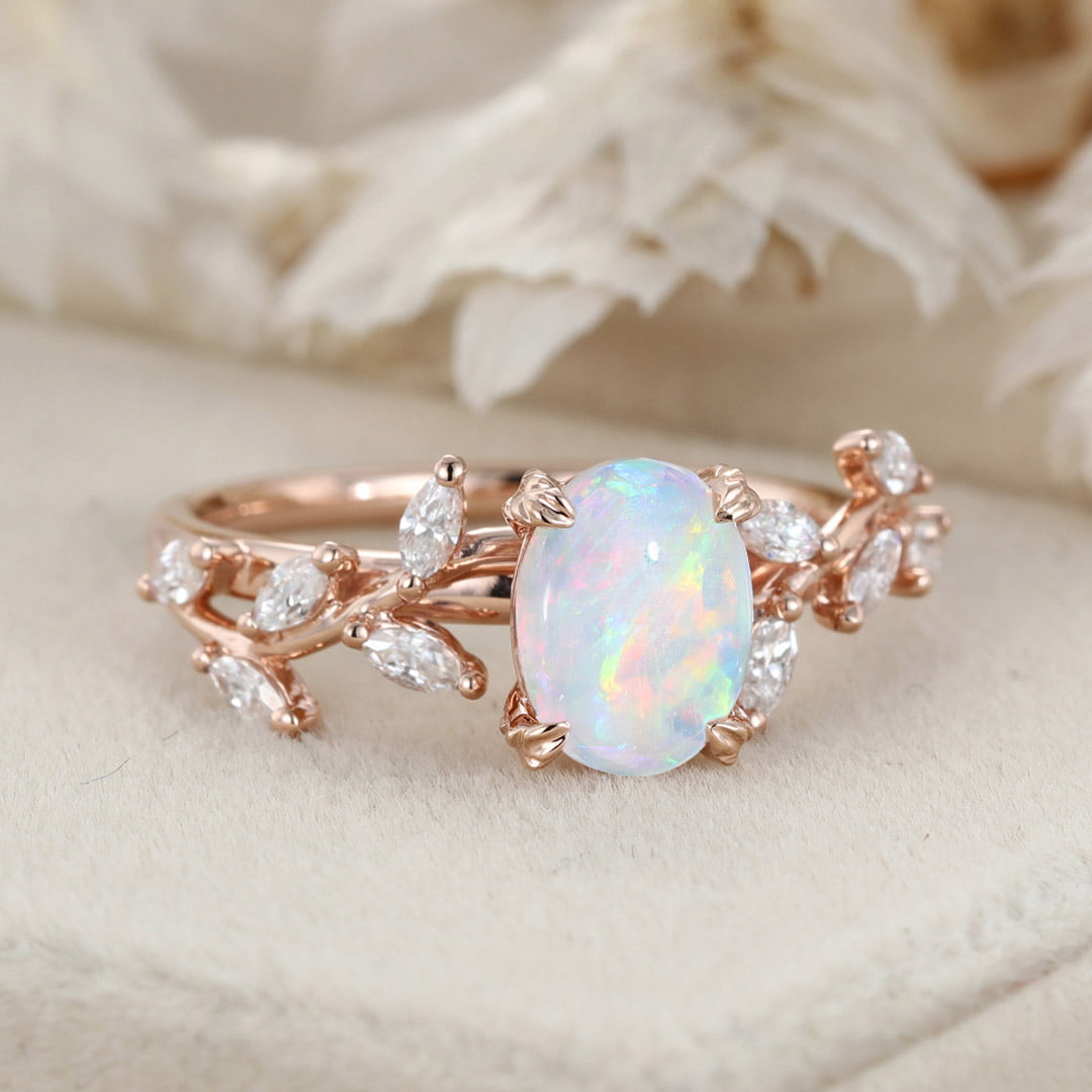 Oval Shaped Opal Engagement Ring Branch Marquise Moissanite Cluster Ring 14K Rose Gold Ring