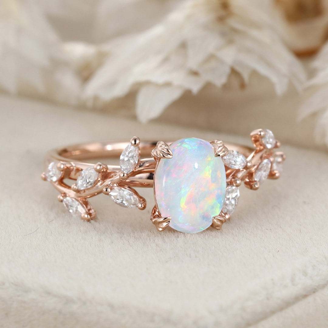 Oval Shaped Opal Engagement Ring Branch Marquise Moissanite Cluster Ring 14K Rose Gold Ring