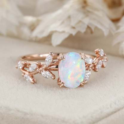 Oval Shaped Opal Engagement Ring Branch Marquise Moissanite Cluster Ring 14K Rose Gold Ring