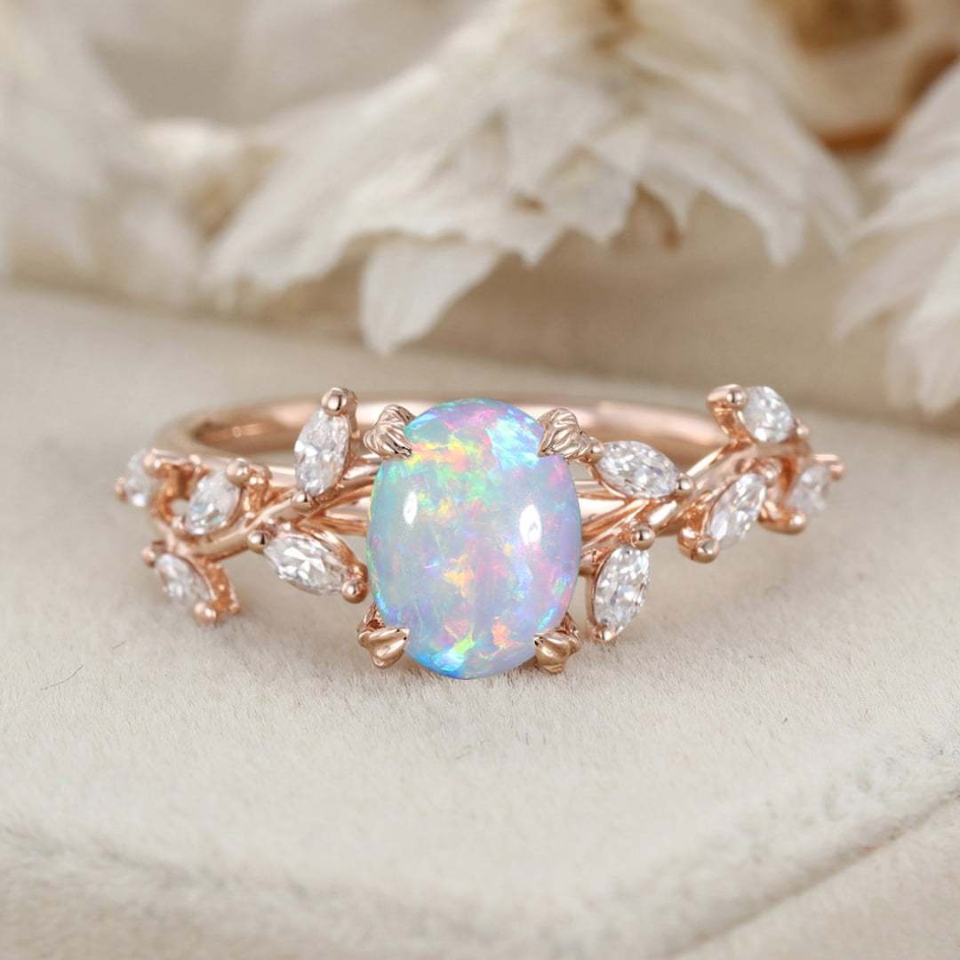 Oval Shaped Opal Engagement Ring Branch Marquise Moissanite Cluster Ring 14K Rose Gold Ring