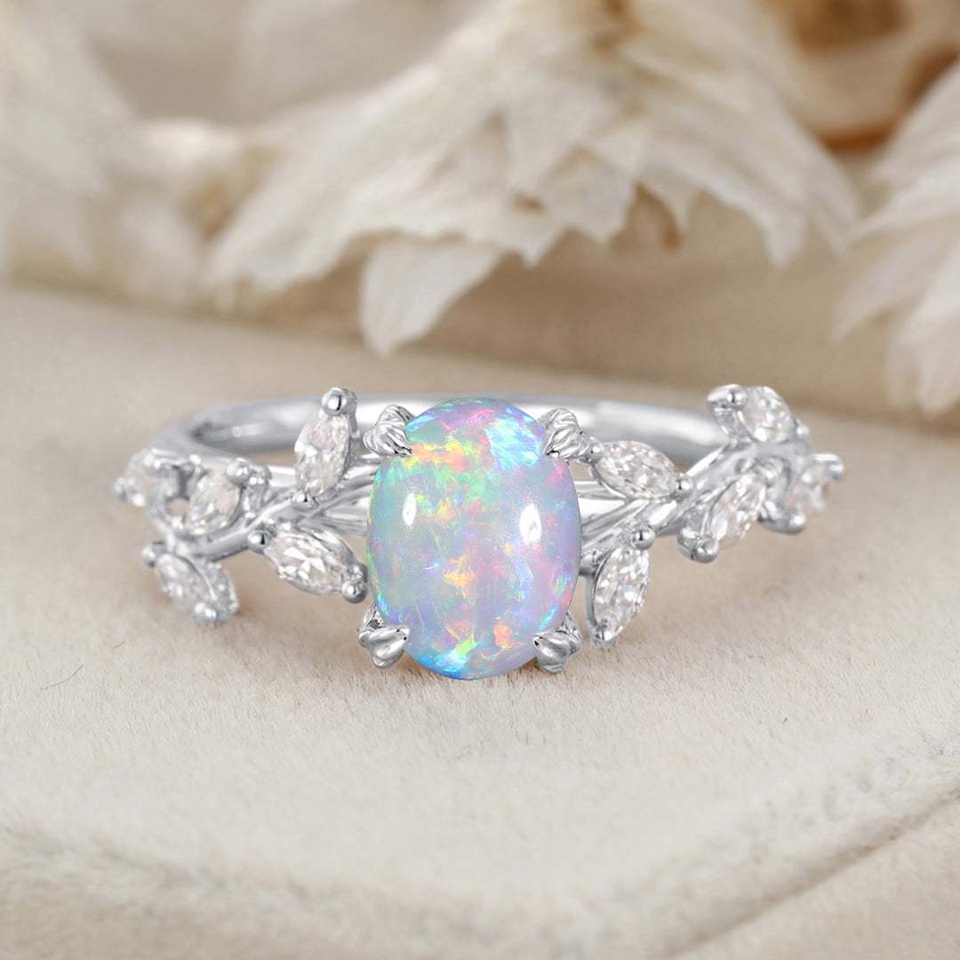 Oval Shaped Opal Engagement Ring Branch Marquise Moissanite Cluster Ring 14K Rose Gold Ring
