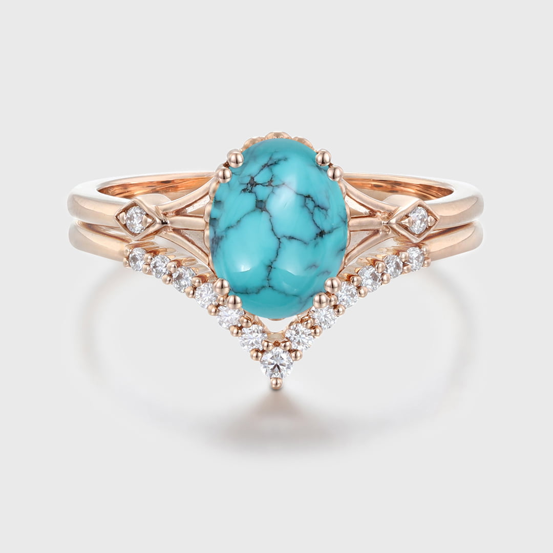 Oval Turquoise engagement ring set Unique Vintage rose gold engagement ring woman DiamondMoissanite wedding ring Anniversary gift