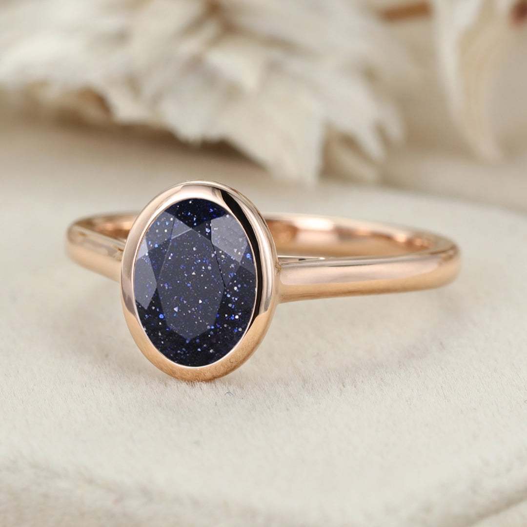 Oval cut Bezel blue sandstone Engagement Ring Unique bezel set engagement ring Rose gold Bezel Set art deco Bridal Promise Anniversary gift