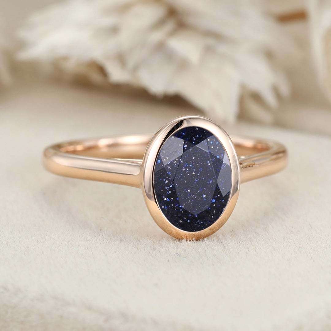 Oval cut Bezel blue sandstone Engagement Ring Unique bezel set engagement ring Rose gold Bezel Set art deco Bridal Promise Anniversary gift