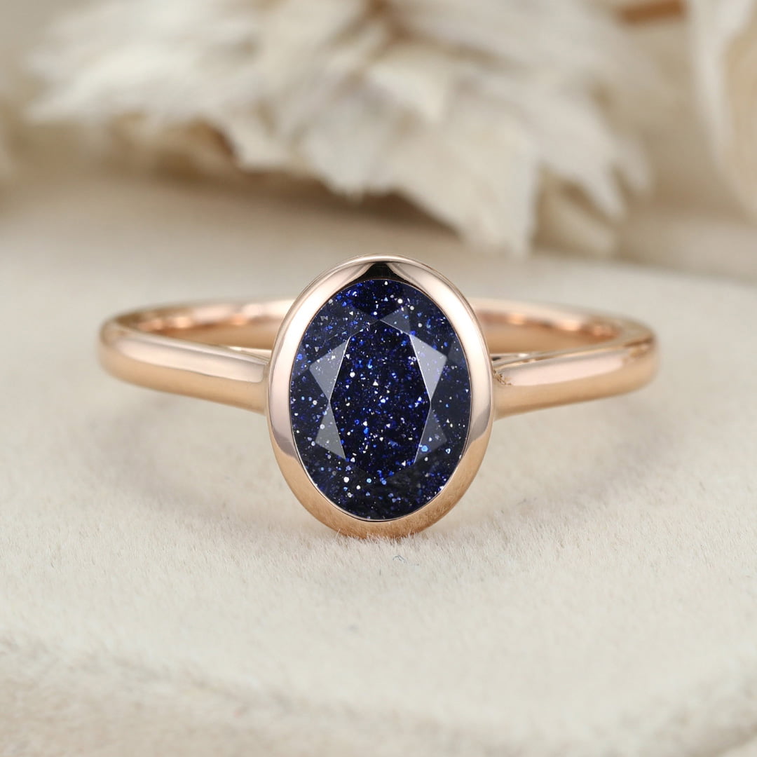 Oval cut Bezel blue sandstone Engagement Ring Unique bezel set engagement ring Rose gold Bezel Set art deco Bridal Promise Anniversary gift