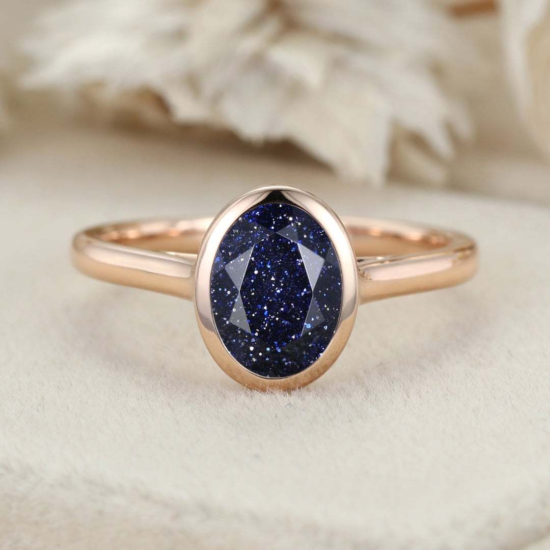 Oval cut Bezel blue sandstone Engagement Ring Unique bezel set engagement ring Rose gold Bezel Set art deco Bridal Promise Anniversary gift