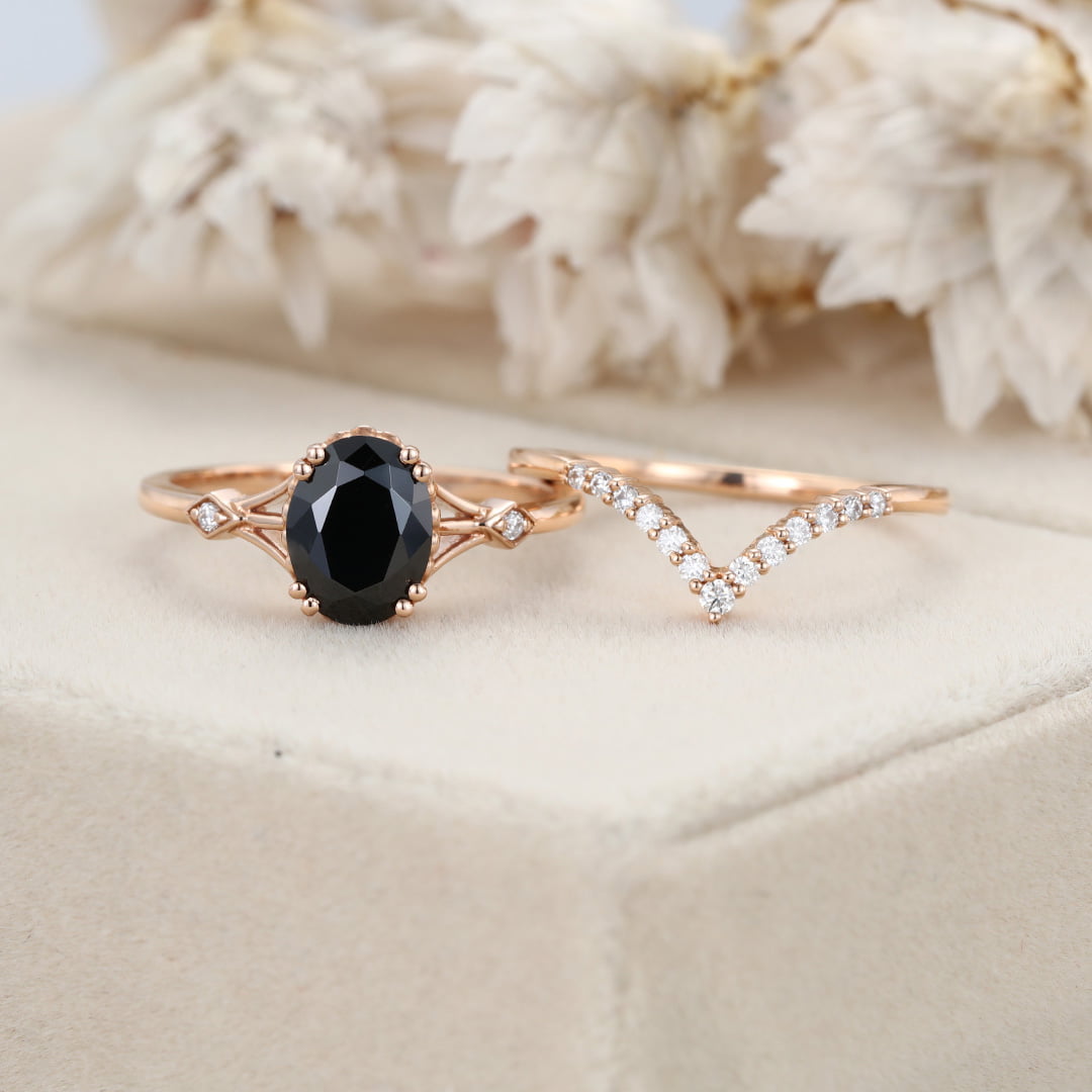 Oval cut Black Onyx engagement ring set Vintage 14K Rose gold engagement ring diamond engagement Stacking Promise Anniversary gift for her