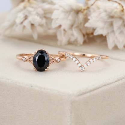 Oval cut Black Onyx engagement ring set Vintage 14K Rose gold engagement ring diamond engagement Stacking Promise Anniversary gift for her