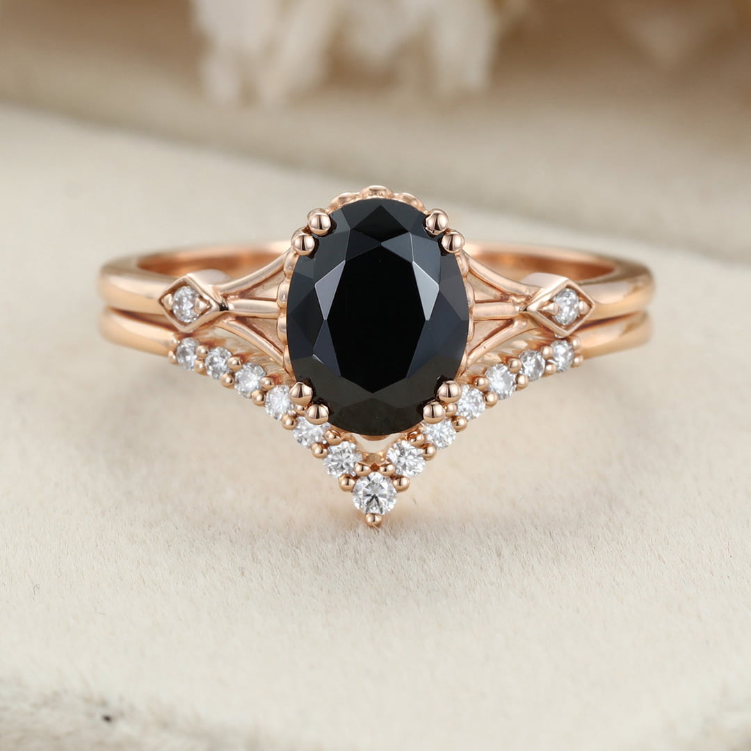 Oval cut Black Onyx engagement ring set Vintage 14K Rose gold engagement ring diamond engagement Stacking Promise Anniversary gift for her