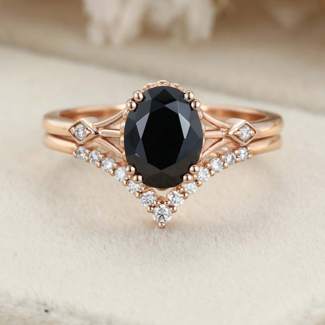 Oval cut Black Onyx engagement ring set Vintage 14K Rose gold engagement ring diamond engagement Stacking Promise Anniversary gift for her