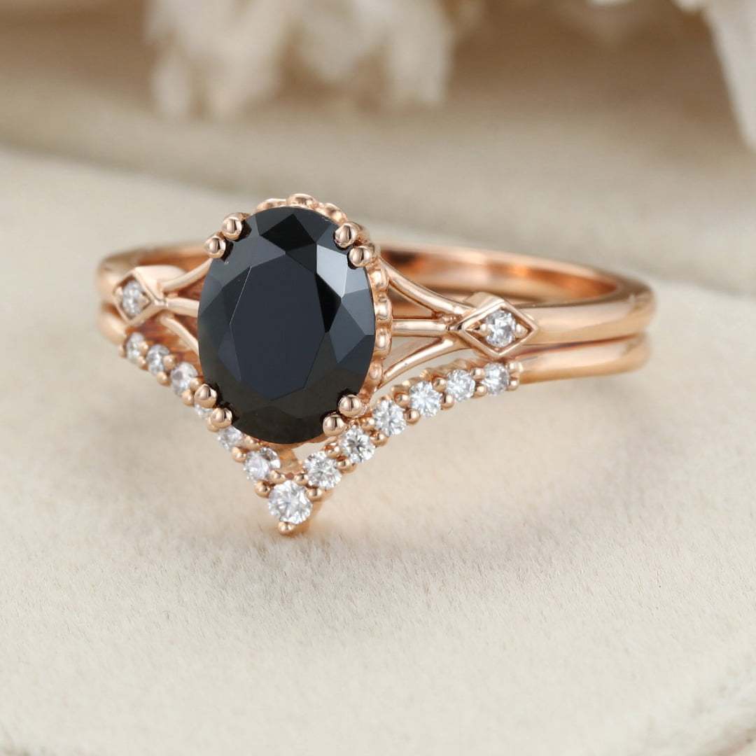 Oval cut Black Onyx engagement ring set Vintage 14K Rose gold engagement ring diamond engagement Stacking Promise Anniversary gift for her