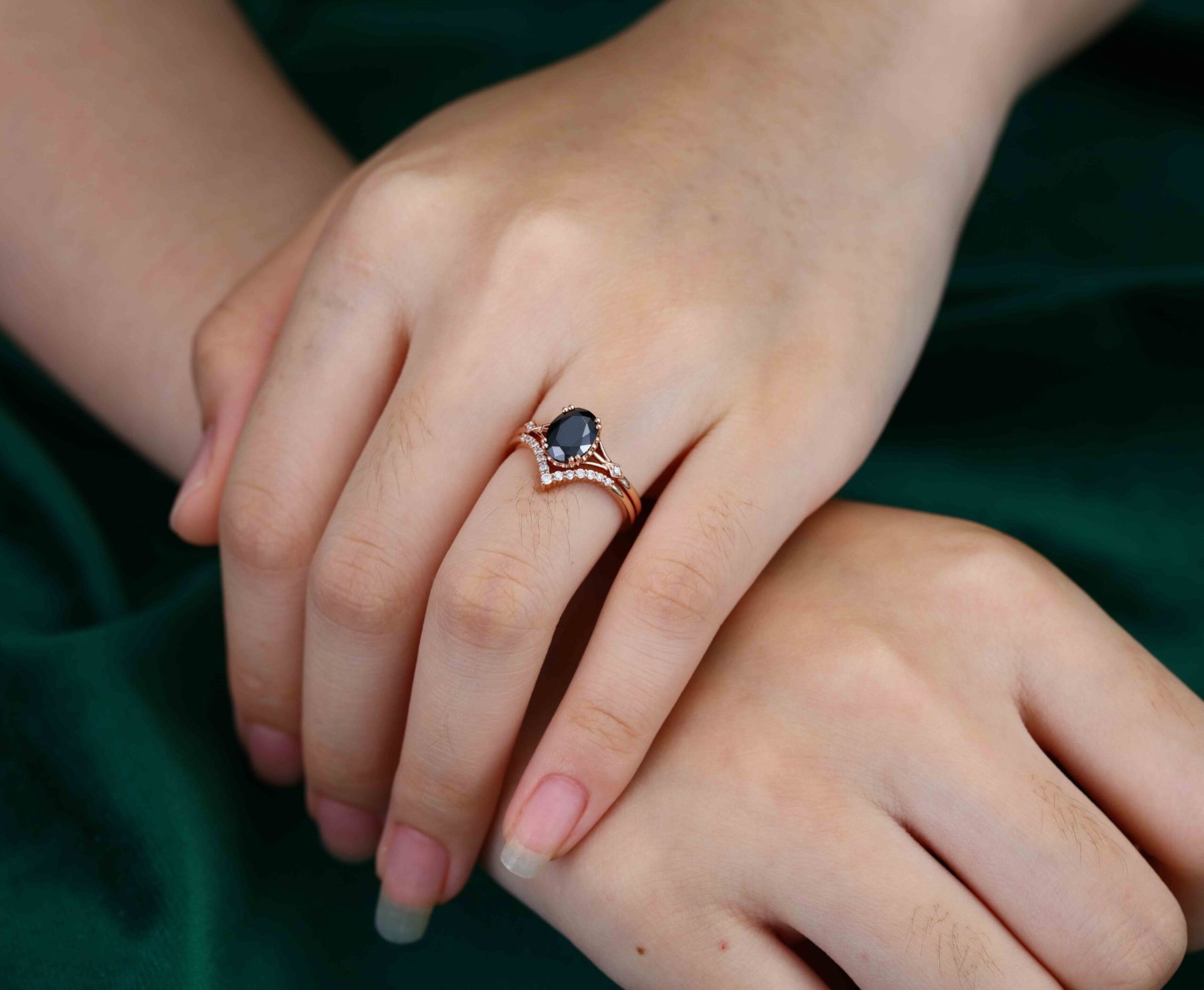 Oval cut Black Onyx engagement ring set Vintage 14K Rose gold engagement ring diamond engagement Stacking Promise Anniversary gift for her