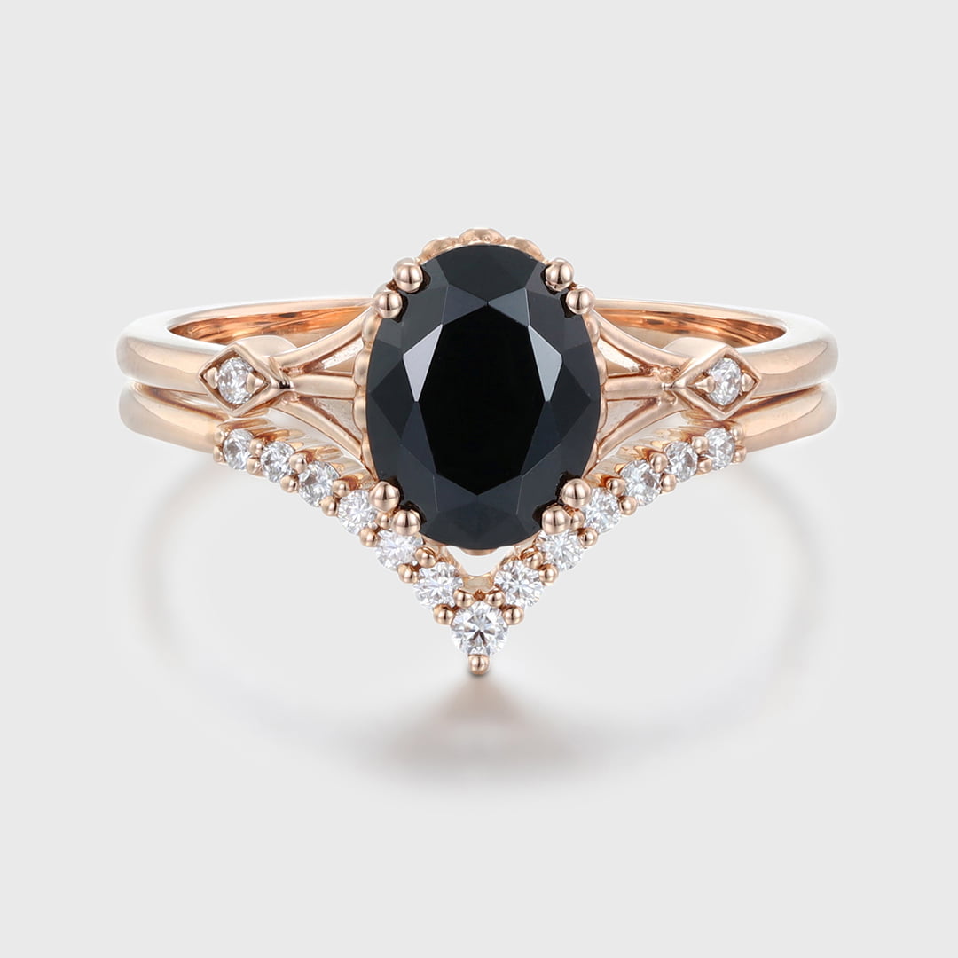 Oval cut Black Onyx engagement ring set Vintage 14K Rose gold engagement ring diamond engagement Stacking Promise Anniversary gift for her