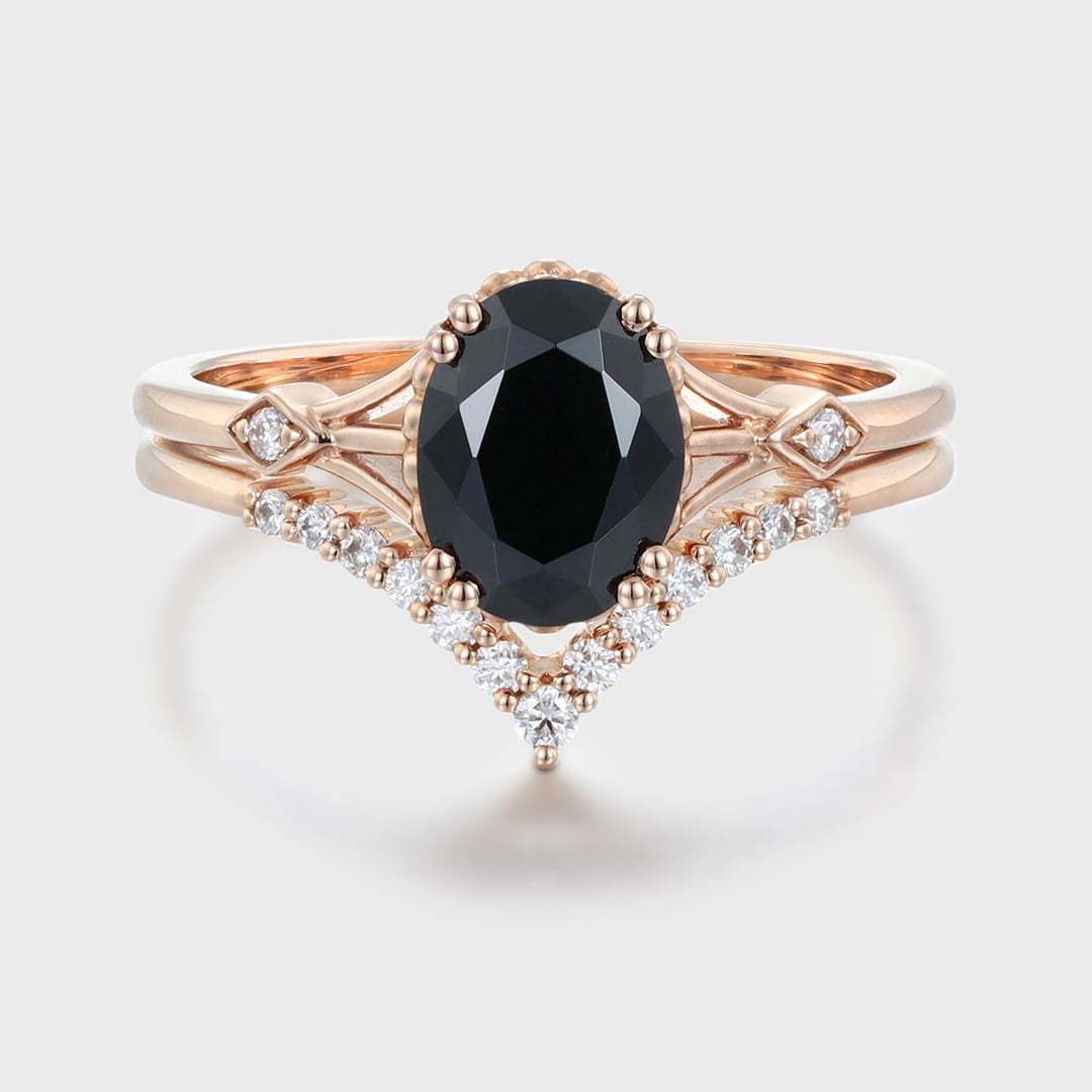Oval cut Black Onyx engagement ring set Vintage 14K Rose gold engagement ring diamond engagement Stacking Promise Anniversary gift for her
