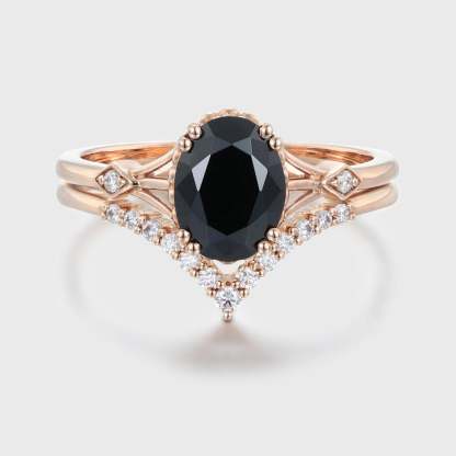 Oval cut Black Onyx engagement ring set Vintage 14K Rose gold engagement ring diamond engagement Stacking Promise Anniversary gift for her