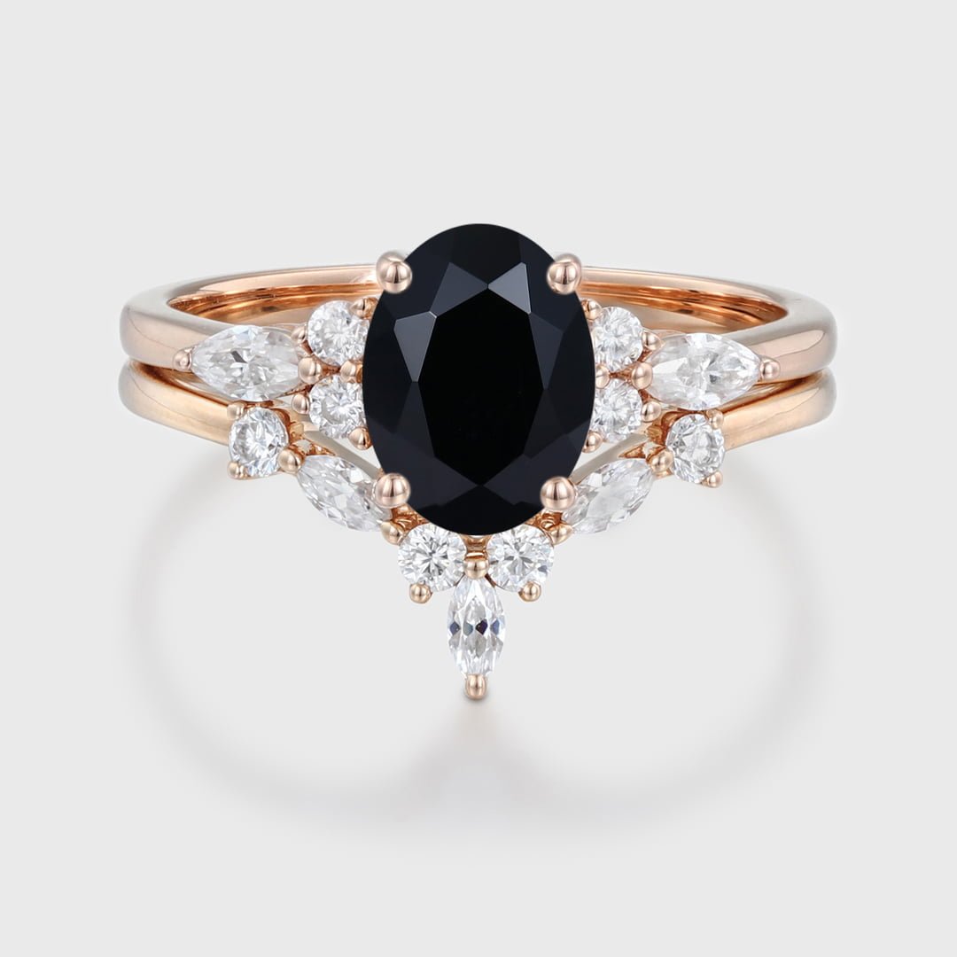 Oval cut Black Onyx engagement ring set vintage rose gold engagement ring Marquise Cluster ring diamond wedding Bridal Promise Anniversary gift