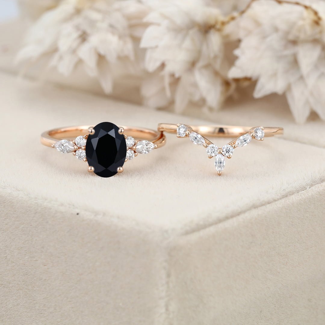 Oval cut Black Onyx engagement ring set vintage rose gold engagement ring Marquise Cluster ring diamond wedding Bridal Promise Anniversary gift