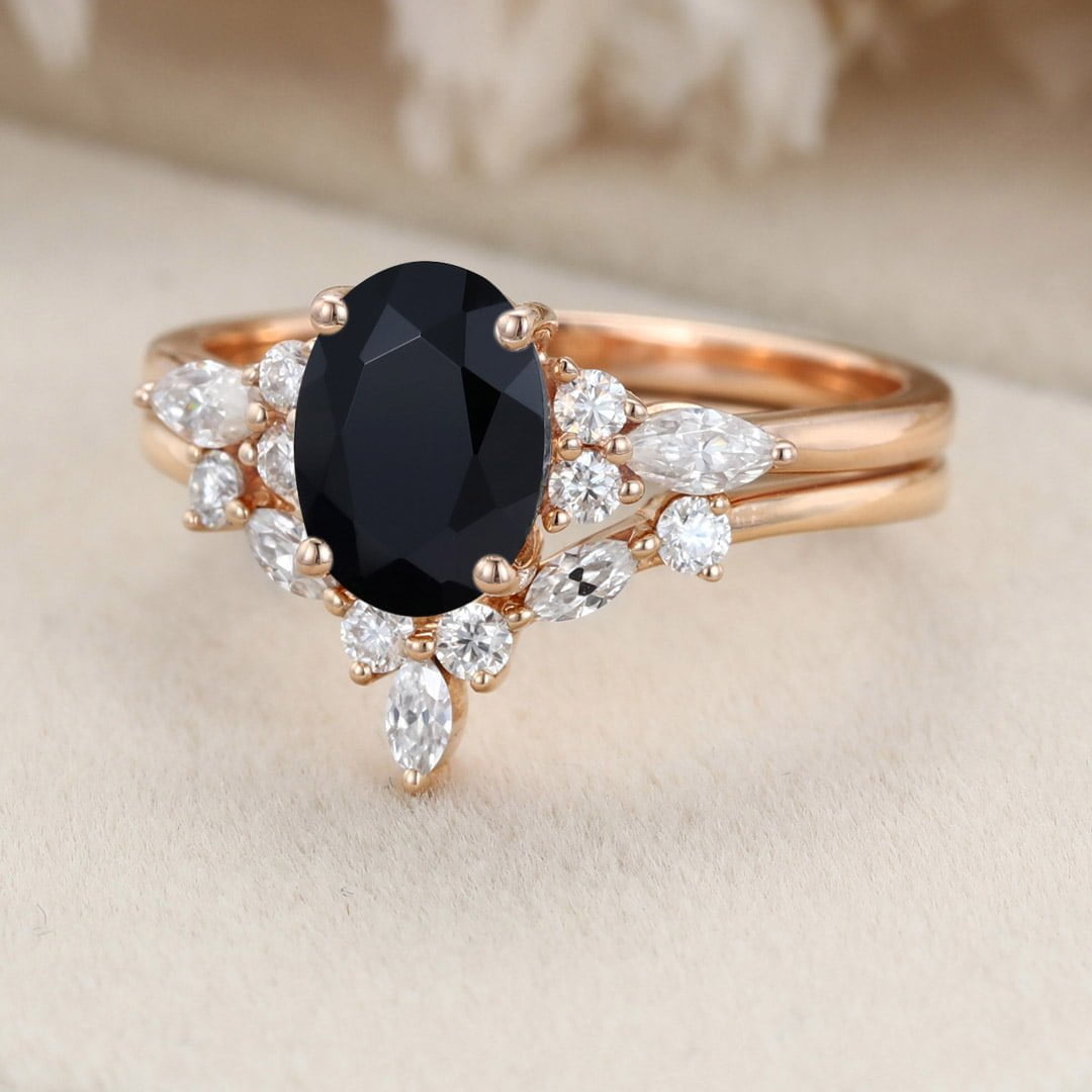 Oval cut Black Onyx engagement ring set vintage rose gold engagement ring Marquise Cluster ring diamond wedding Bridal Promise Anniversary gift