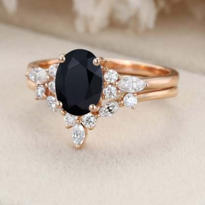 Oval cut Black Onyx engagement ring set vintage rose gold engagement ring Marquise Cluster ring diamond wedding Bridal Promise Anniversary gift