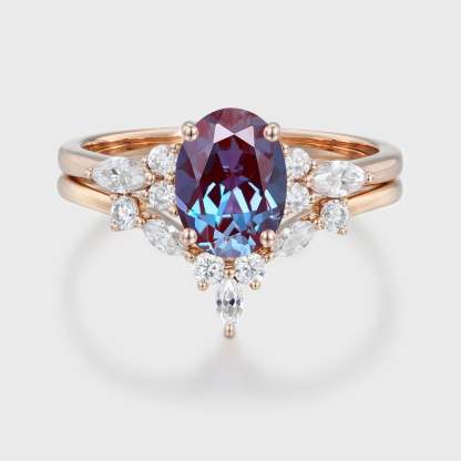 Oval cut Lab Alexandrite engagement ring set vintage rose gold engagement ring Marquise Cluster ring diamond wedding Bridal Promise ring